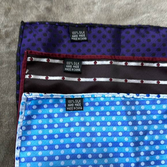 Three Men’s Pocket Square. Blue, Red, and Purple. With Polka Dots. 100% silk - Picture 2 of 5